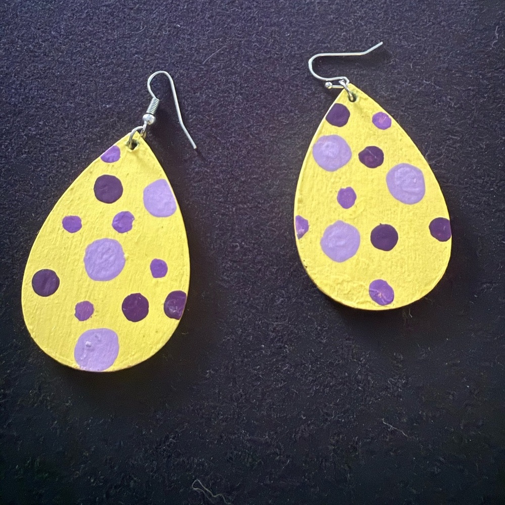 Yellow Teardrop Wood Earrings with Purple Polka Dots